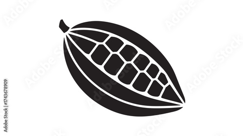 Bold black cocoa pod silhouette symbolizing rich flavor and natural ingredients, perfect for food branding and culinary designs, conveying pure indulgence and organic essence.