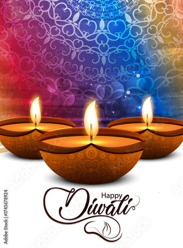 Happy Diwali Festival Background with Glowing Diyas, Ornate Floral Rangoli Patterns, Vibrant Colorful Backdrop, and Bright Decorative Lights for Indian Celebration Design
