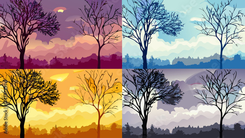 Four seasons landscape art offers a tranquil nature scene, perfect for adding a peaceful vibe with vibrant colors and artistic flair to any space, originally vector