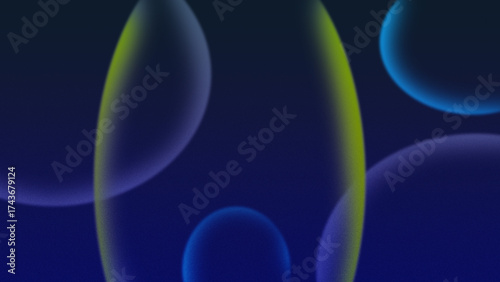 Abstract blue and yellow gradient swirls with soft glowing spheres on deep blue background