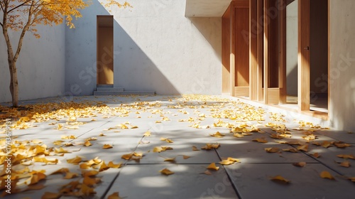 Autumn leaves on stone patio with architectural details