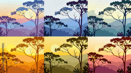 Tranquil tree silhouettes at sunset create a serene and peaceful vibe, perfect for nature lovers and travel enthusiasts seeking a calming escape