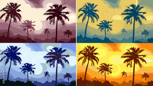 Stunning tropical palm trees art in warm sunset colors, evoking vacation bliss and serene island vibes, perfect for travel posters and summer promotions