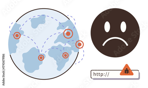 Earth with targeting points connected by lines, sad face icon, and a bug alert on a web link. Ideal for cybersecurity, hacking, digital risk, global threat, malware, online safety internet issues