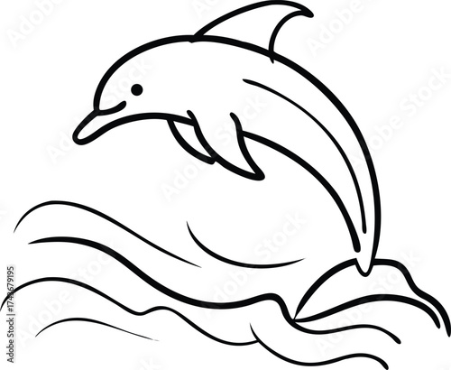 Playful dolphin leaping through waves simple outline art underwater ocean creature design vector