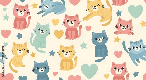 Seamless pattern of cute cartoon cats with hearts and stars