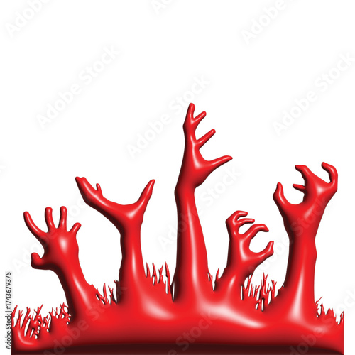 Red Zombie Hands Reaching Upward from the Ground