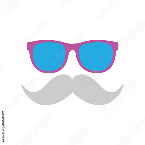 Minimalist graphic icon of a funny disguise with bright sunglasses and a gray mustache