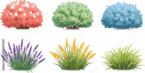 Colorful bush and flower illustration, diverse foliage types, ornamental plants, perfect for garden design, botanical graphics, landscaping elements, and nature-themed visuals