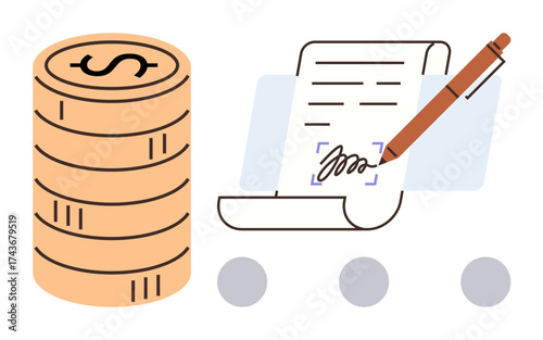 Stack of dollar coins, contract with handwriting and pen, representing finance, agreement, investment, budgeting, payment, negotiation, and partnership in simple flat metaphor