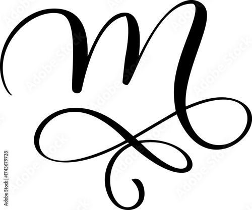 Calligraphic vector hand drawn uppercase letter m forming ornate monogram with decorative design scroll and elegant flourish