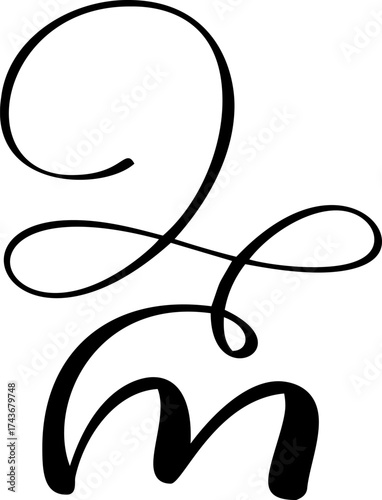 Black calligraphic vector letter m hand drawn forming part an elegant alphabet and initial for design projects