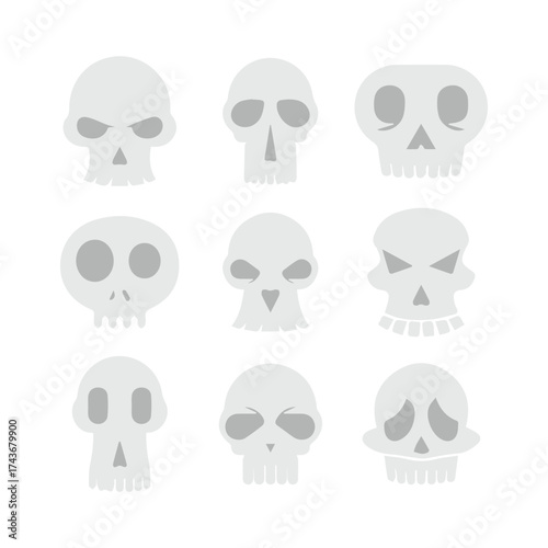 Nine stylized grey skull vector illustrations, each with a unique cartoonish design, perfect for Halloween and spooky graphic design projects
