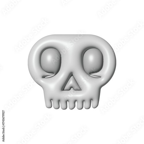 Stylized 3D Render of a White Skull with Smooth, Rounded Features on a White Background