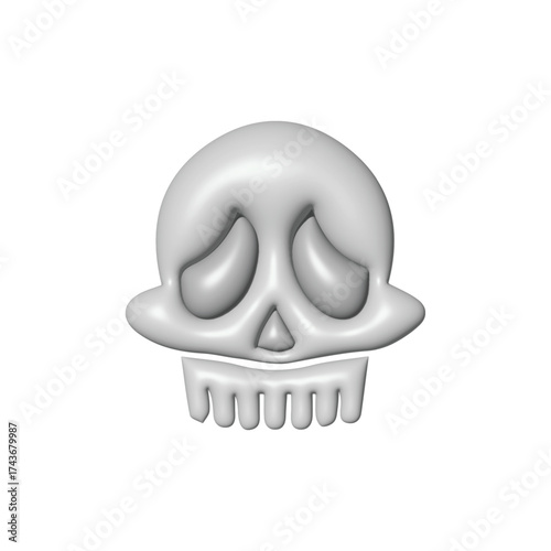 A stylized, 3D rendering of a soft, rounded, cartoon-like skull with a subtle, melancholic expression, presented against a clean white background