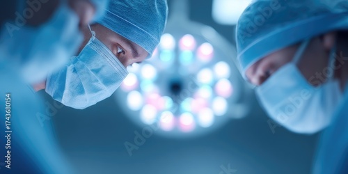 Health care nurse working with patient under blue lamp surgical room medical procedure focused viewpoint on remedy and care