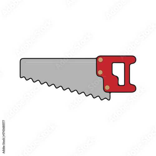 Illustration of a saw tool with a red handle for woodworking projects