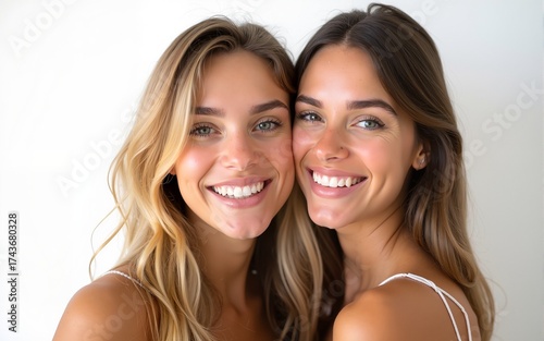 Two smiling best girl friends blond and brunette on white background. Closeup face portrait of two young beautiful women. High quality
