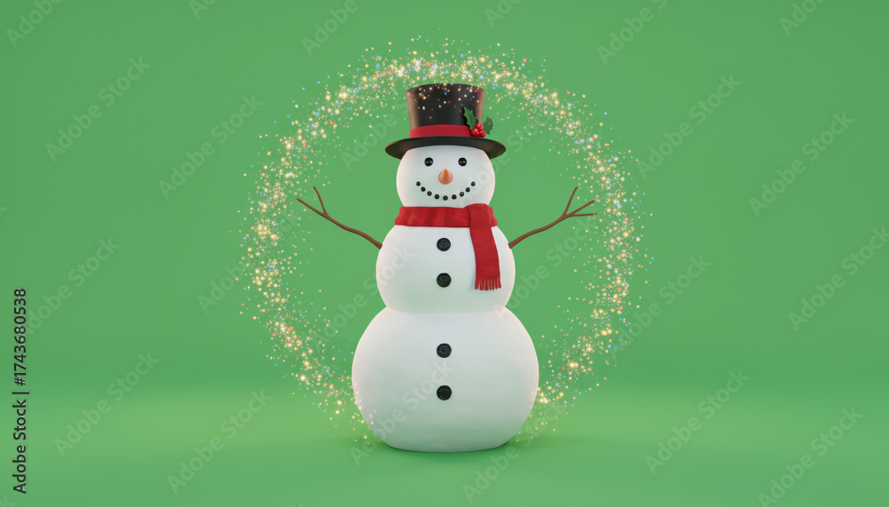 Fototapeta premium A cheerful snowman at the center of a magical sparkle, perfect for capturing the winter spirit and holiday joy.