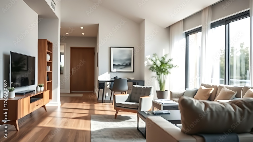 Fototapeta premium Modern living room with stylish armchair, contemporary interior design, cozy atmosphere.