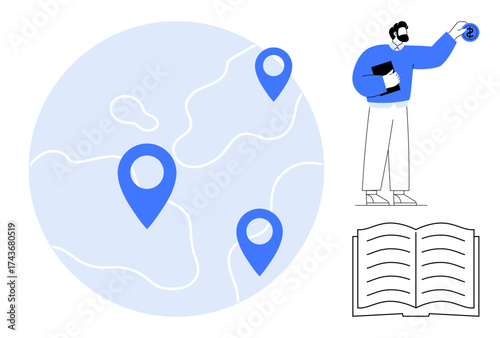 Globe with location markers, man holding knowledge emblem and book imply worldwide education reach. Ideal for education, innovation, global outreach, learning tools, e-learning, training sessions