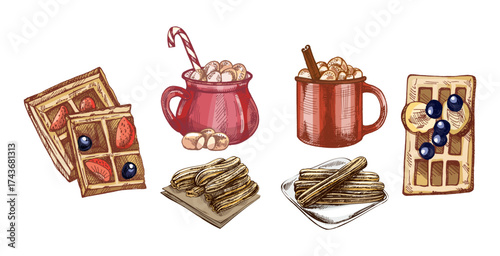Hand drawn vintage sketch set of waffles, churros, pancakes and hot chocolate with marshmallows in pastel color