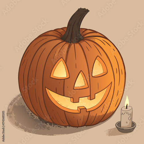 Cozy Hand-Drawn Jack-O'-Lantern and Lit Candle: Halloween Illustration