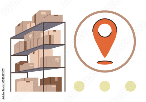 Stack of cardboard boxes on shelves and location pin icon represent warehouse storage, inventory, logistics, delivery, supply chain, e-commerce, and organization systems. Ideal for simple flat