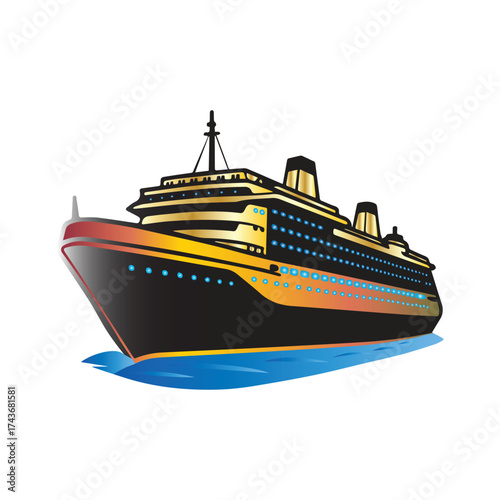 Grand Passenger Ship Illustration, Floating on Blue Water with Dramatic Lighting and Sleek Design
