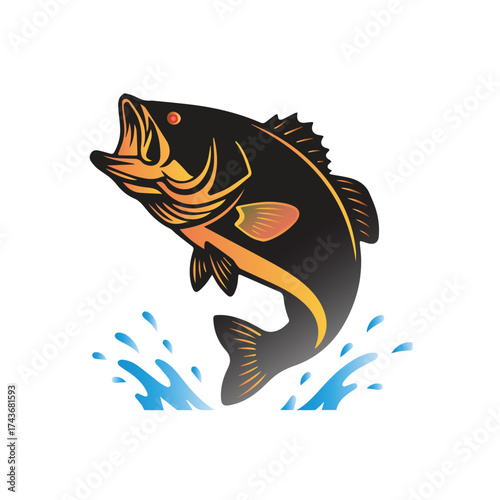 Vivid graphic art of a large game fish, like a bass, dramatically leaping from the water amidst dynamic splashes, a powerful symbol of sport fishing and natural agility