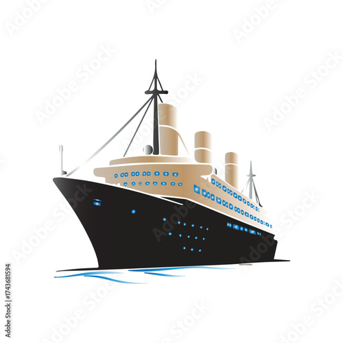Stylized vector illustration of a grand vintage ocean liner, a classic passenger steamship for luxury sea travel and cruises