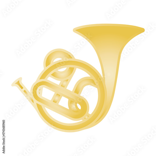 Elegant gold French horn illustration, a classical brass musical instrument for an orchestra or symphony performance