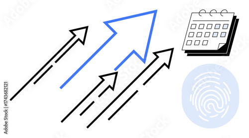 Bold arrows pointing upward show progress and growth. Calendar symbolizes time management, and fingerprint highlights individuality. Ideal for success, direction, planning, identity, time