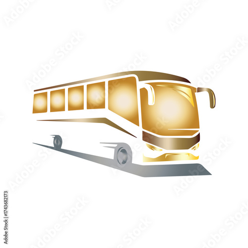 Dynamic illustration of a modern gold and white passenger bus, conveying concepts of stylish travel, efficient transport, and comfortable long-haul journeys