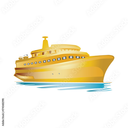 Striking golden luxury yacht illustration sailing gracefully on calm blue waters, depicting high-end leisure, exclusive travel, and affluent lifestyles for opulent design projects and digital art