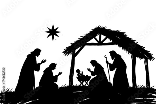Silhouette nativity scene showing baby Jesus in manger, worshippers, and star above, on white background, expressing Christmas spirit