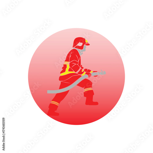 Illustration of a firefighter in uniform holding a hose, ready to extinguish a fire, symbolizing bravery and emergency response services