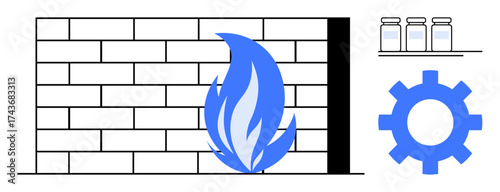 Brick wall for defense, flame for protection, gear for settings, jars for data and organization. Ideal for cybersecurity, technology, safety, systems management, data protection firewalls