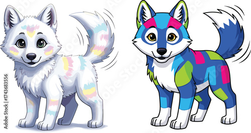 Cartoon wolf pup vector with pastel and vibrant fur, standing pose for nature, children, character design, education, and art content