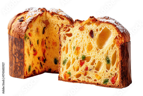 Golden panettone loaf with visible candied fruit pieces, two slices arranged casually against it, fine crumbs around, isolated on transparent background.
