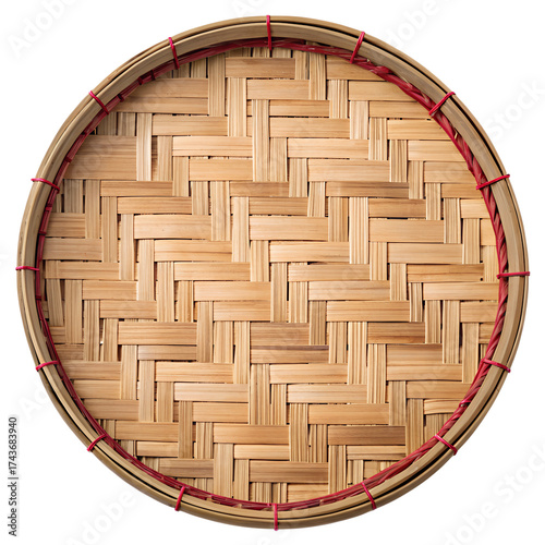 A diagonal basketweave pattern in natural, light brown bamboo. A darker, more solid bamboo rim encircles the edge, which is secured at various points with thin, bright pink or red plastic ties.