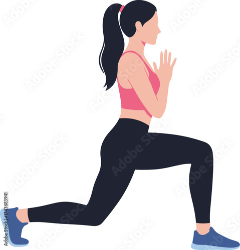 Cartoon woman doing lunge exercise in athletic outfit, fitness illustration for workout posture, health training, and physical education content