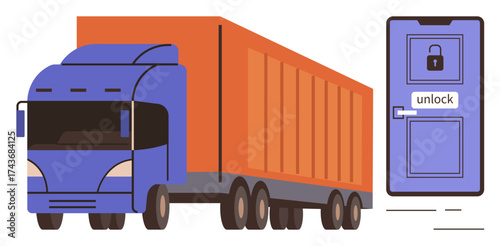 Freight truck next to closed door with lock and unlock button, symbolizing logistics, shipping, security, delivery access, supply chain, risk management, and transportation in a simple flat metaphor