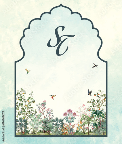 Indian Wedding Invitation, Mughal Wedding Card, Monogram, Watercolor Background. Mughal Garden Illustration.