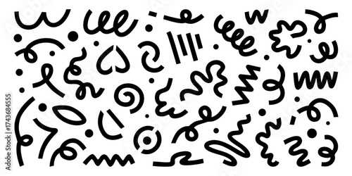Black thick line doodles and dots, childish and boredom abstract drawings. Cute posters and banners design elements, stickers and vector art.