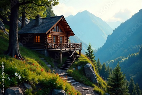 Mountain Cabin Retreat Sunlight Streams Through Trees Illuminating Cozy Wooden Home Accessed by Rustic Staircase