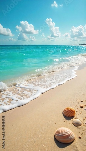 Tranquil Turquoise Beach Sun-Drenched Sand, Gentle Waves, and Seashells ? Perfect Summer Vacation Escape