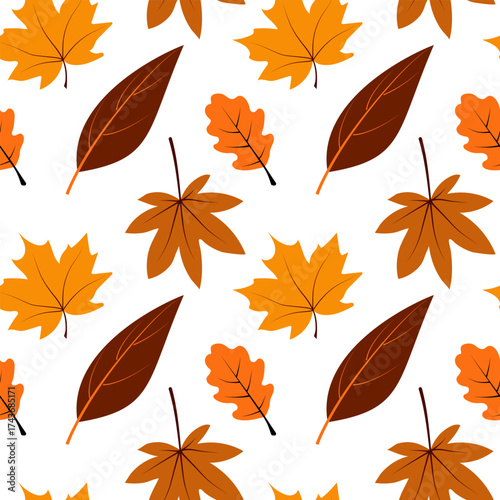 Seamless repeating pattern of autumn maple and oak leaves in orange-brown and yellow tones on a white background for seasonal design