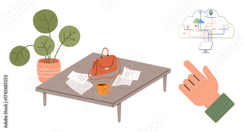 Table with papers, coffee, and handbag next to potted plant and pointing hand toward screen interface. Ideal for work-life balance, creativity, productivity, digitalization, remote work, ergonomics