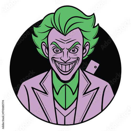 Cartoon depiction of a villainous character with green hair and suit